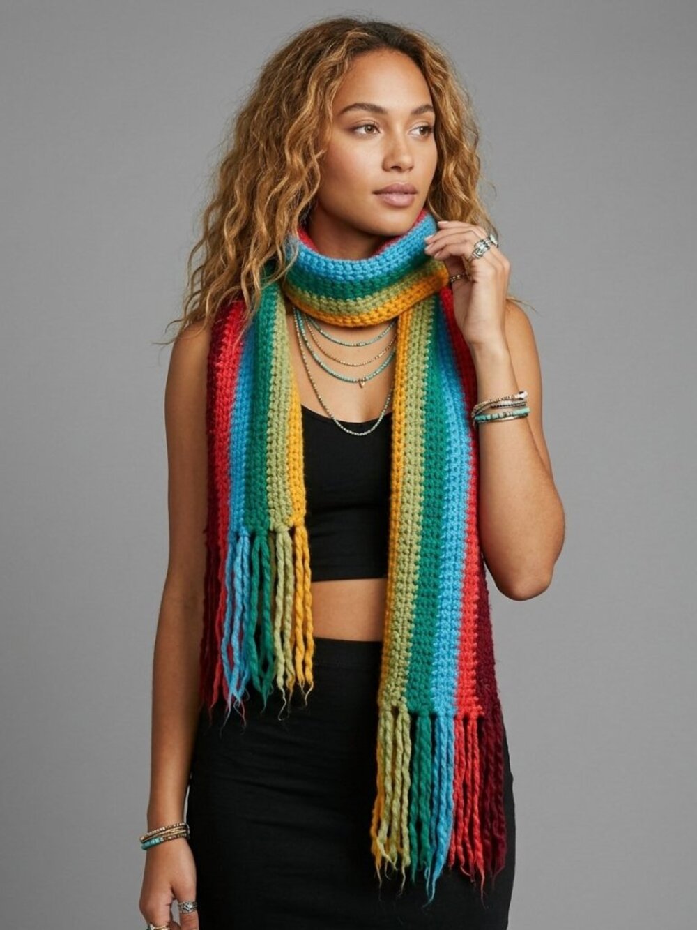 Vintage Rainbow Striped Knit Long Scarf with Fringe Colorful Boho Festival